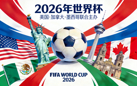 2026年世界杯官方宣传海报，展示美国加拿大墨西哥联合主办的足球盛会